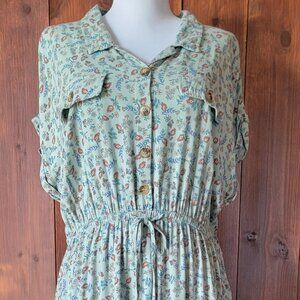 Lucky Brand Cottagecore Women XL Mint Green Floral Dress Drawstring Waist Flowy